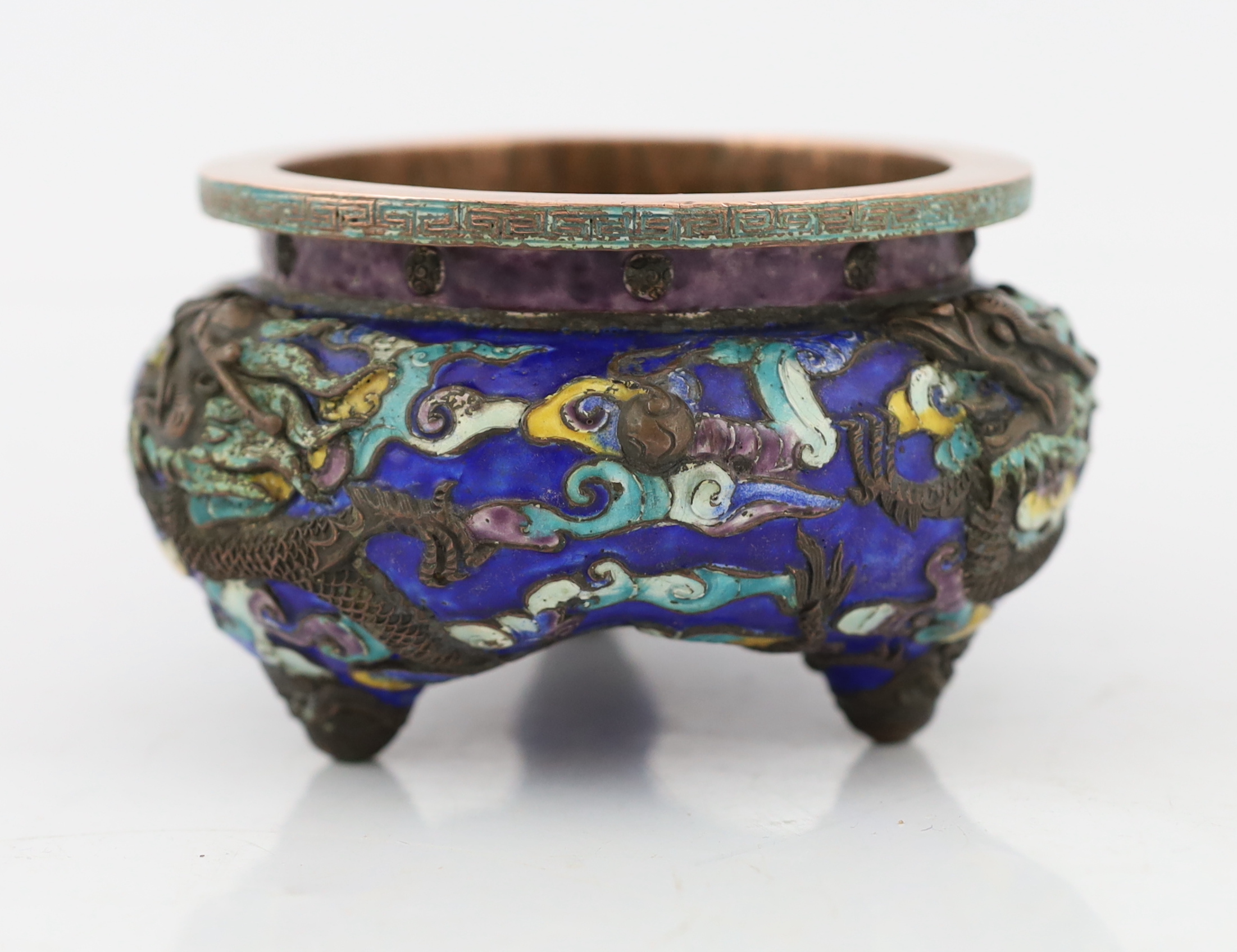 A rare Chinese champlevé enamel and copper repousse work ‘dragon’ censer, Xuande six character mark, 18th/19th century, some damage